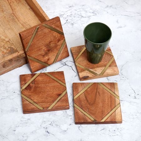 Home Decor Brown Wooden Coasters - Pack of 4